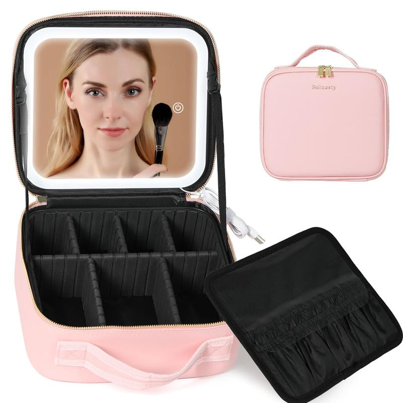 Travel Make-Up Case with LED Mirror with 3-Colour LED Lighted Adjustable Dividers, Make-Up Case with Mirror Make-Up Bags Mutipul Colore