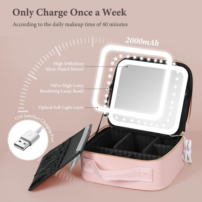 Travel Make-Up Case with LED Mirror with 3-Colour LED Lighted Adjustable Dividers, Make-Up Case with Mirror Make-Up Bags Mutipul Colore