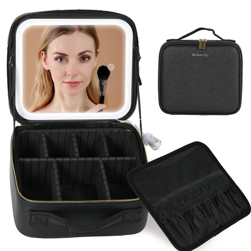 Travel Make-Up Case with LED Mirror with 3-Colour LED Lighted Adjustable Dividers, Make-Up Case with Mirror Make-Up Bags Mutipul Colore