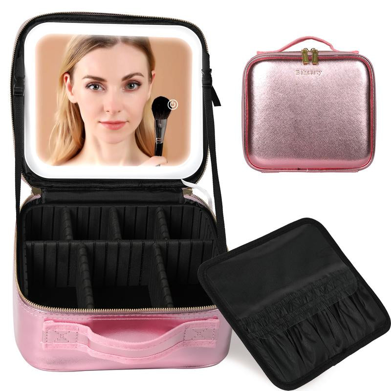 Travel Make-Up Case with LED Mirror with 3-Colour LED Lighted Adjustable Dividers, Make-Up Case with Mirror Make-Up Bags Mutipul Colore