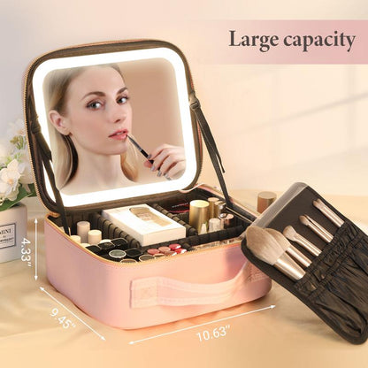 Travel Make-Up Case with LED Mirror with 3-Colour LED Lighted Adjustable Dividers, Make-Up Case with Mirror Make-Up Bags Mutipul Colore